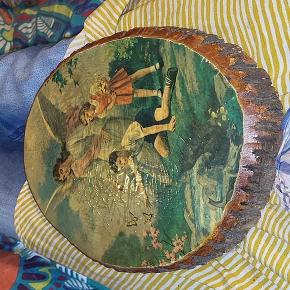 Source Unknown Other - Antique vintage pine disc plaque of The Guardian Angel